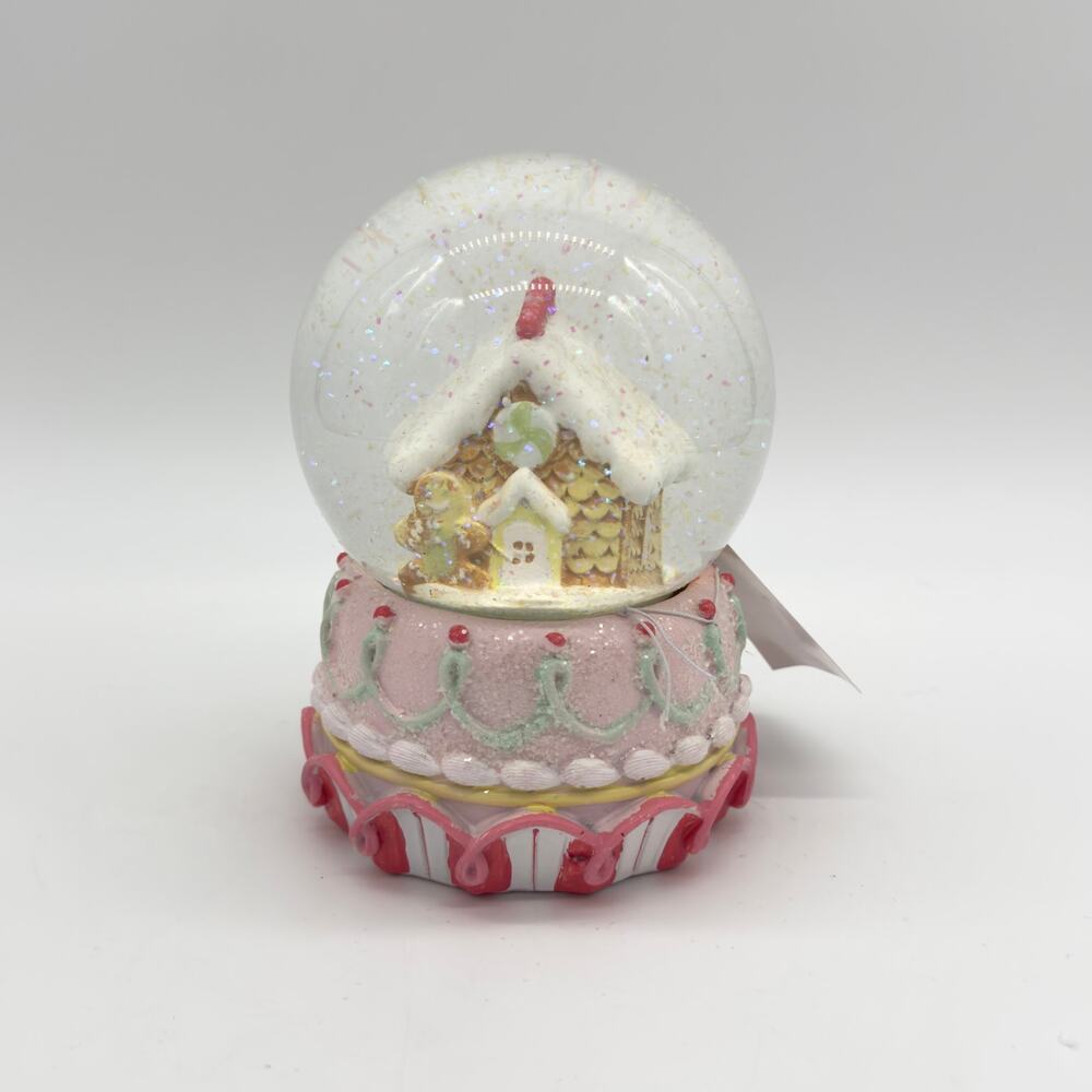 Pastel Gingerbread House & Man Waterglobe Snowglobe w/ Pink Blue Frosting Detail